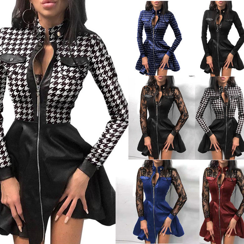 Autumn And Winter Long Sleeve V-neck Zipper Pu Pocket Dress Women's Clothing