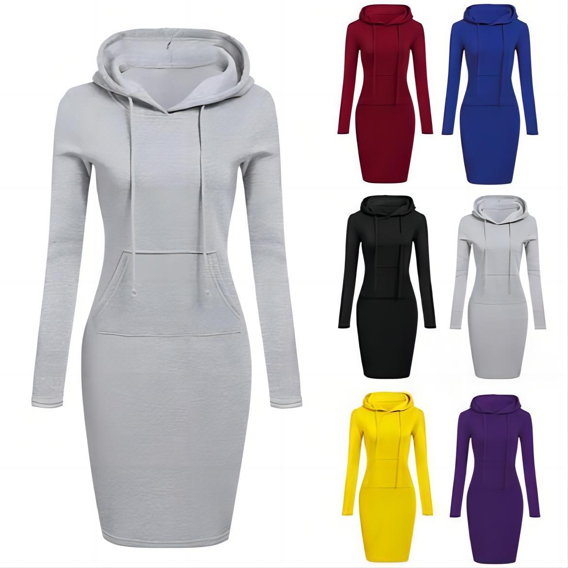 Solid Color Hooded Long Sleeve Dress