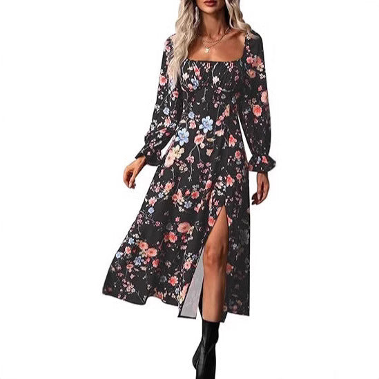 Women's 2025 Early Spring New Printed French Floral Backless Slim Long Sleeve Split Dress