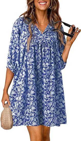 Summer Casual Bohemian Floral V-neck Print Lantern Sleeve Beach Dress