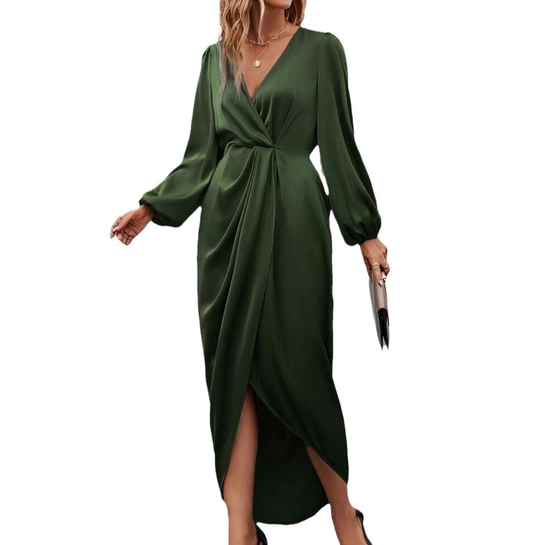 Split Dress Spring And Summer Lantern Sleeve Irregular Long Sleeve Satin Dress