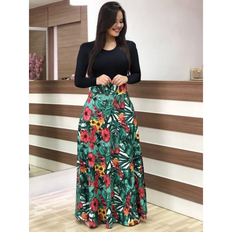 Floral Print Colorblock Long Sleeve Dress