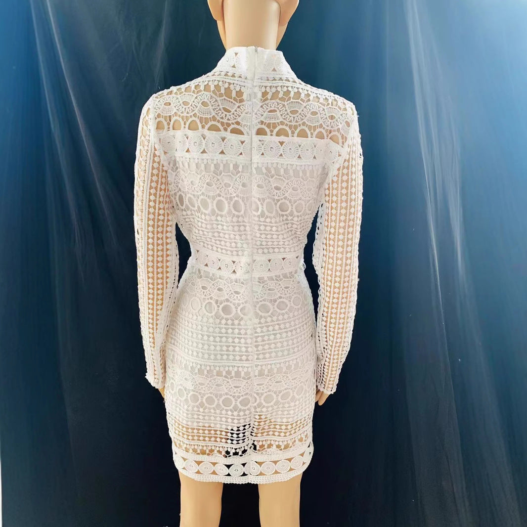 European And American White Mini Stitching Lace Hollow Dress