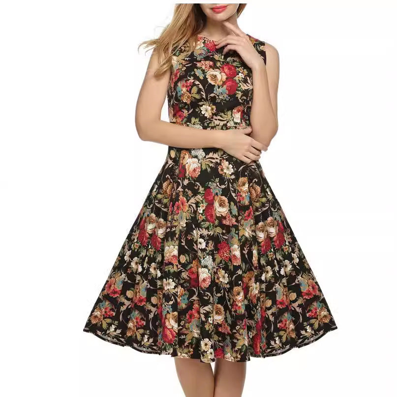 Summer Women's European And American Hepburn Style Fashionable Sleeveless Printed Midi Dress Large Swing Dress