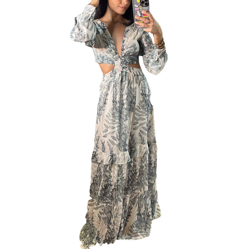 European And American Women's New Foreign Trade Dress Commuter Hollow V-Neck Floral High Waist Large Dress