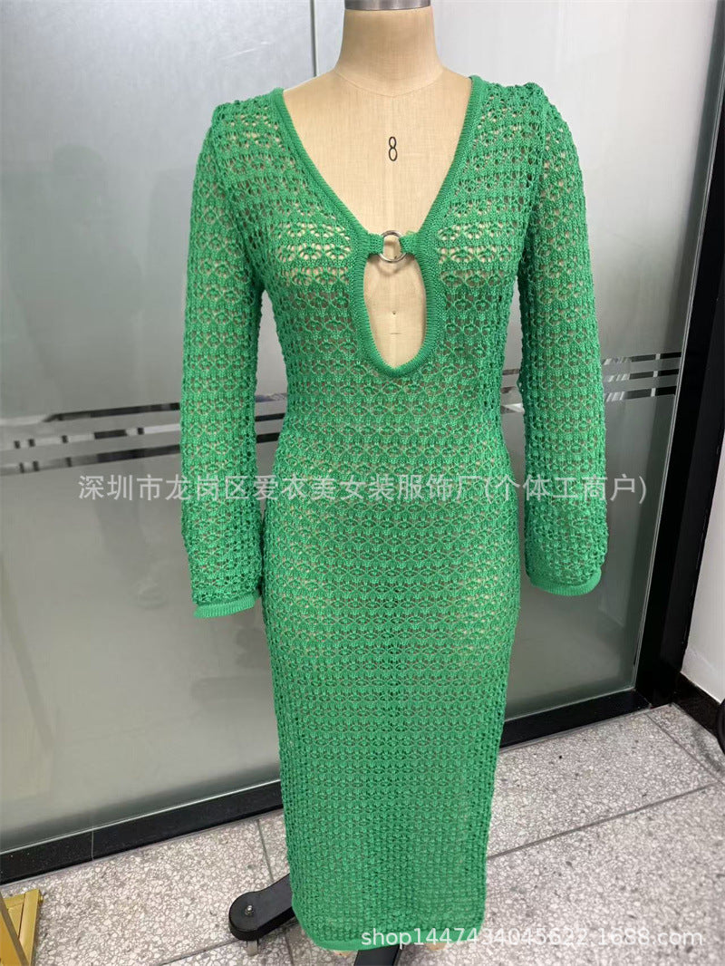 Cutout Split Beach Blouse V-Neck Horn Sleeve Long Buckle Dress