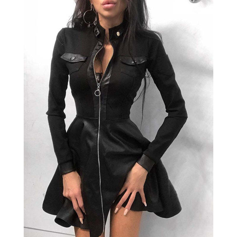 Autumn And Winter Long Sleeve V-neck Zipper Pu Pocket Dress Women's Clothing