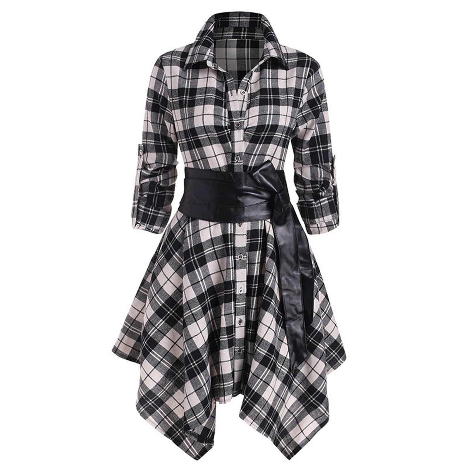 Women's Midi Long Sleeve Dress European And American Women's Plaid Belt Dress