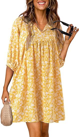 Summer Casual Bohemian Floral V-neck Print Lantern Sleeve Beach Dress