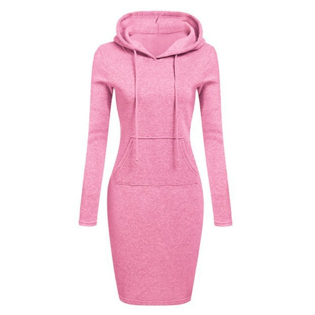 Solid Color Hooded Long Sleeve Dress