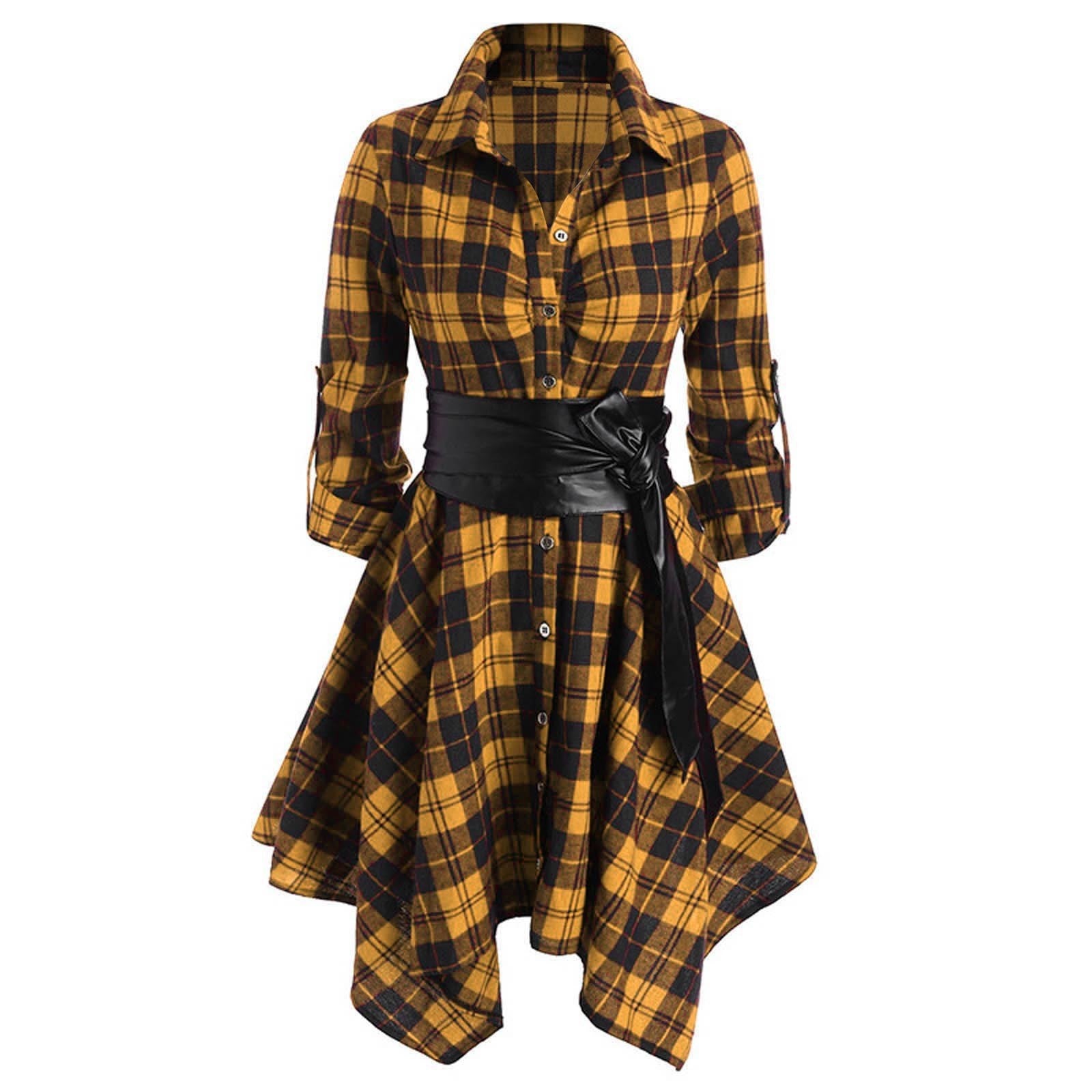 Women's Midi Long Sleeve Dress European And American Women's Plaid Belt Dress