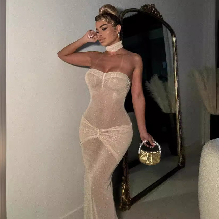 Micro-Transparent Strapless Sequin Slim-Fit Fishtail Dress