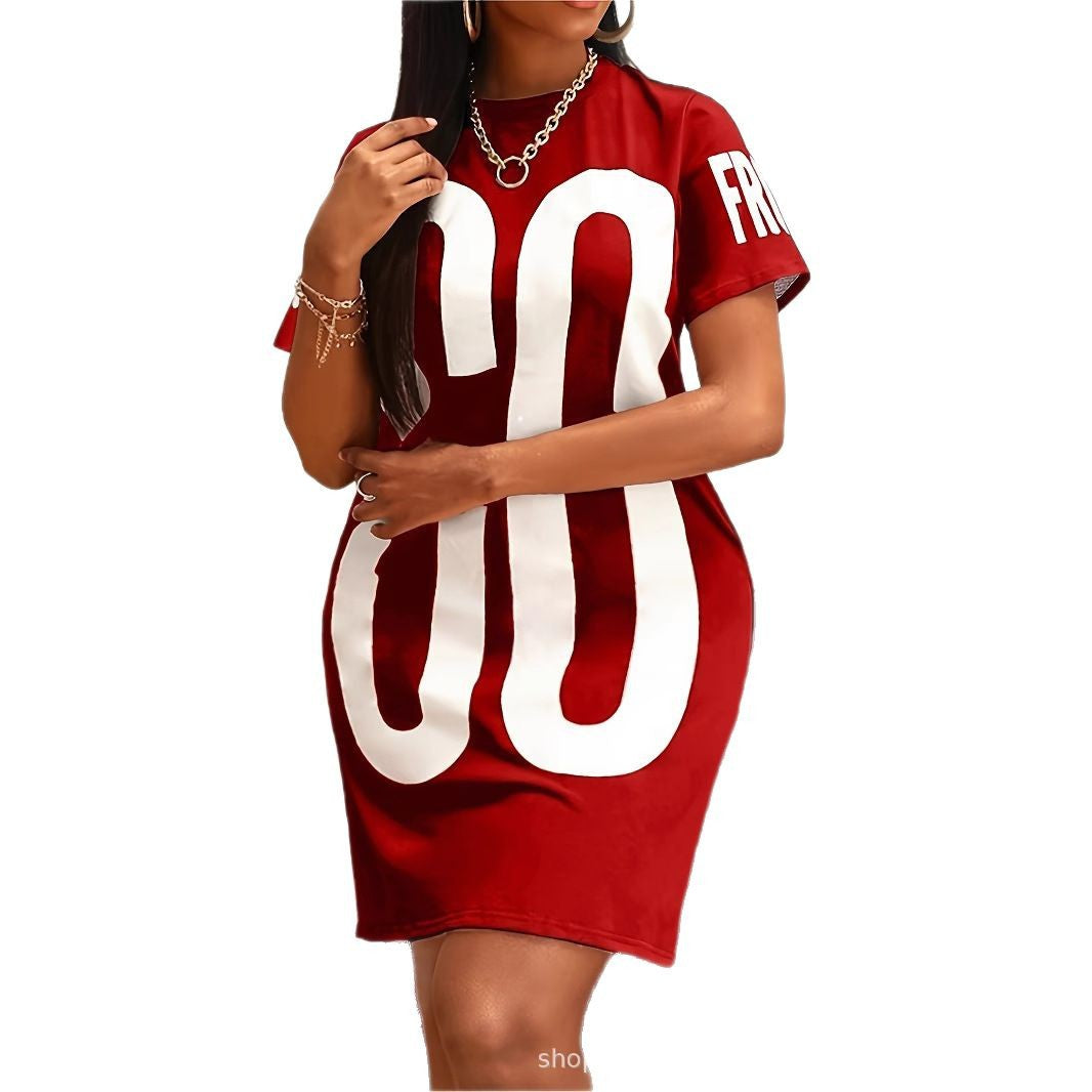 Plus Size Spring And Summer New European And American Letter Printing Round Neck Short Sleeve Slit Women's Large Size Dress