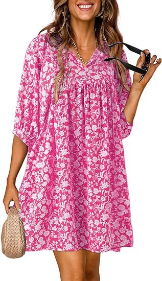 Summer Casual Bohemian Floral V-neck Print Lantern Sleeve Beach Dress