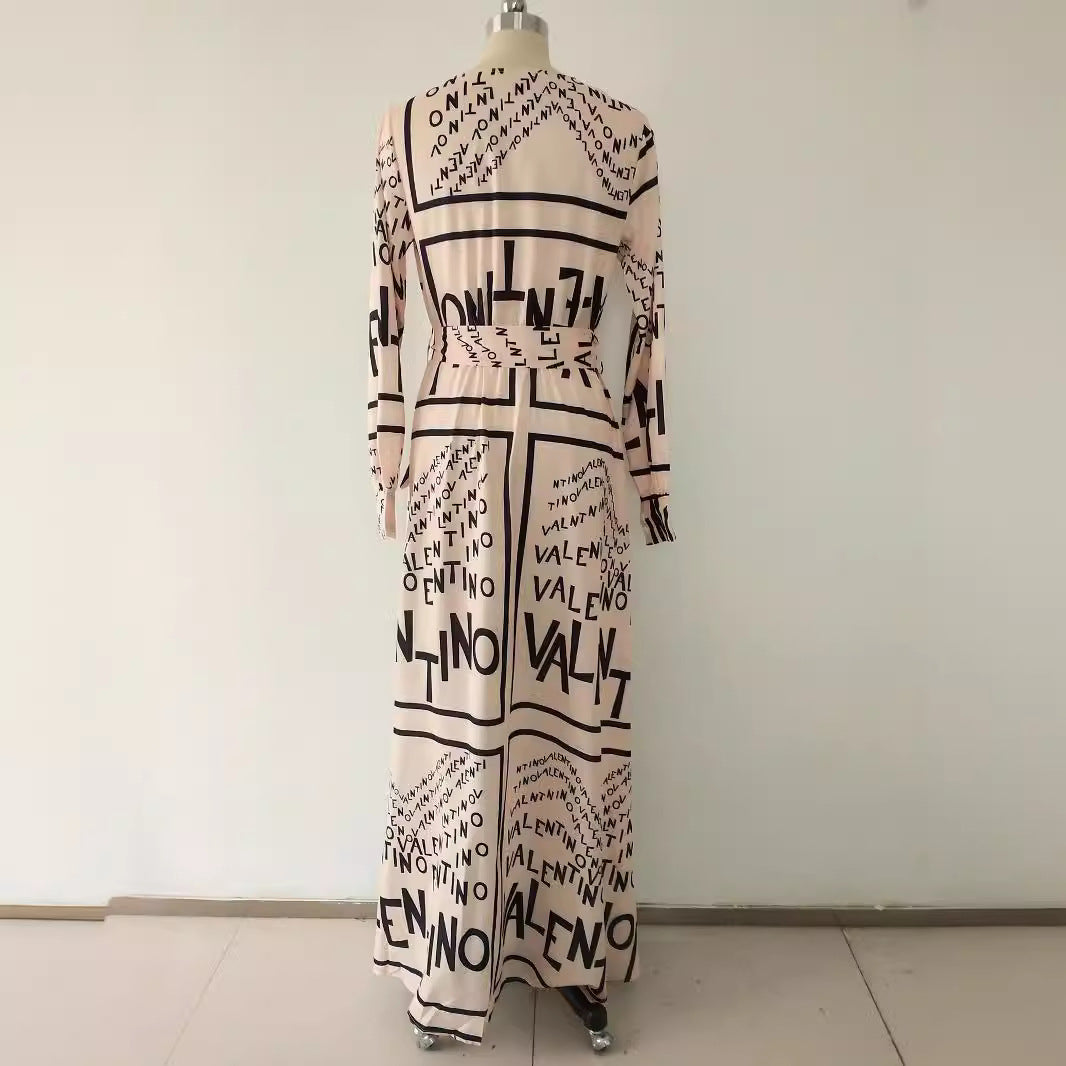 Letter Print Tight Waist Split Sexy Large Swing Dress