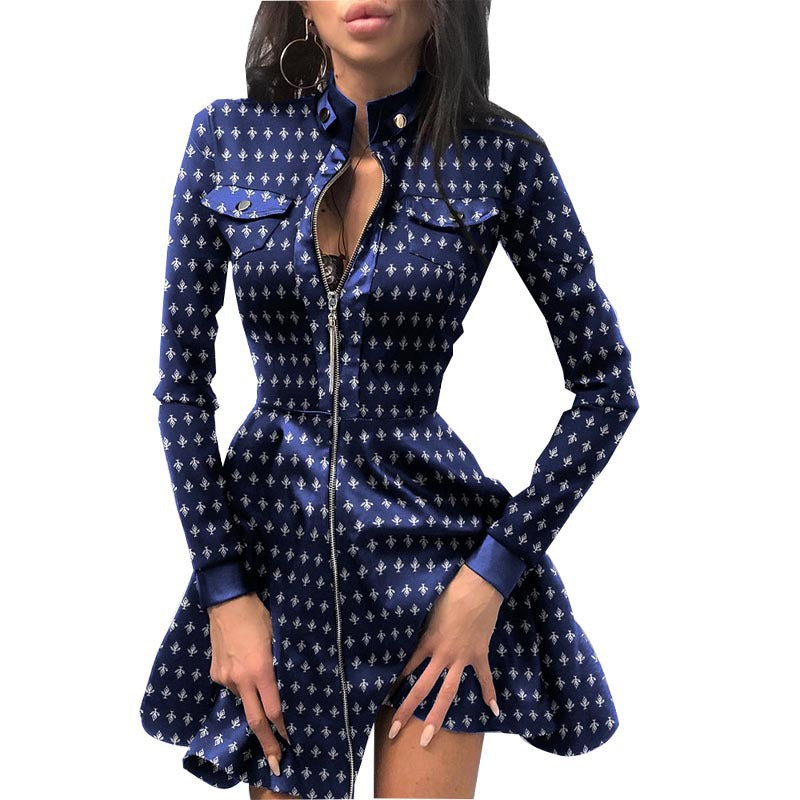Autumn And Winter Long Sleeve V-neck Zipper Pu Pocket Dress Women's Clothing