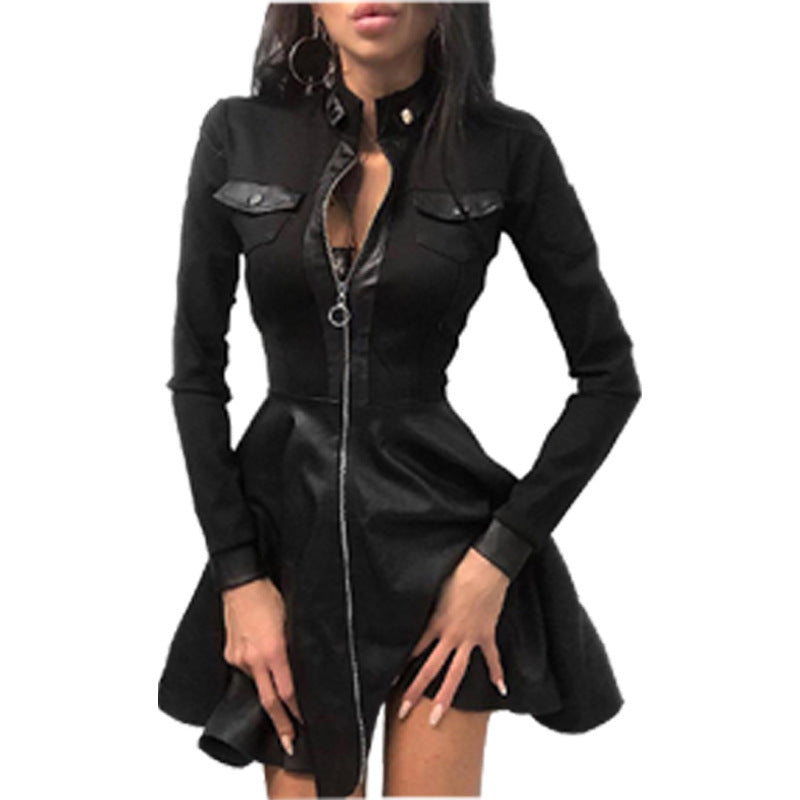 Autumn And Winter Long Sleeve V-neck Zipper Pu Pocket Dress Women's Clothing