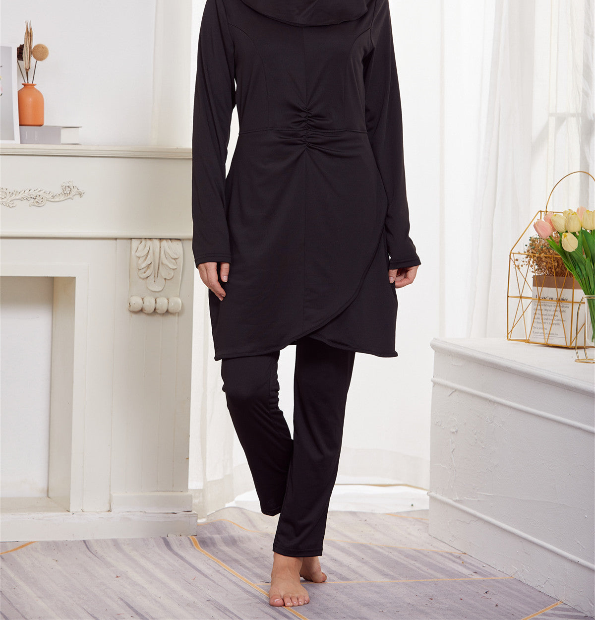 Black Pleated Large Swing Swim Dress Surf Full Envelope Trousers Swimming Conservative Three-Piece Set