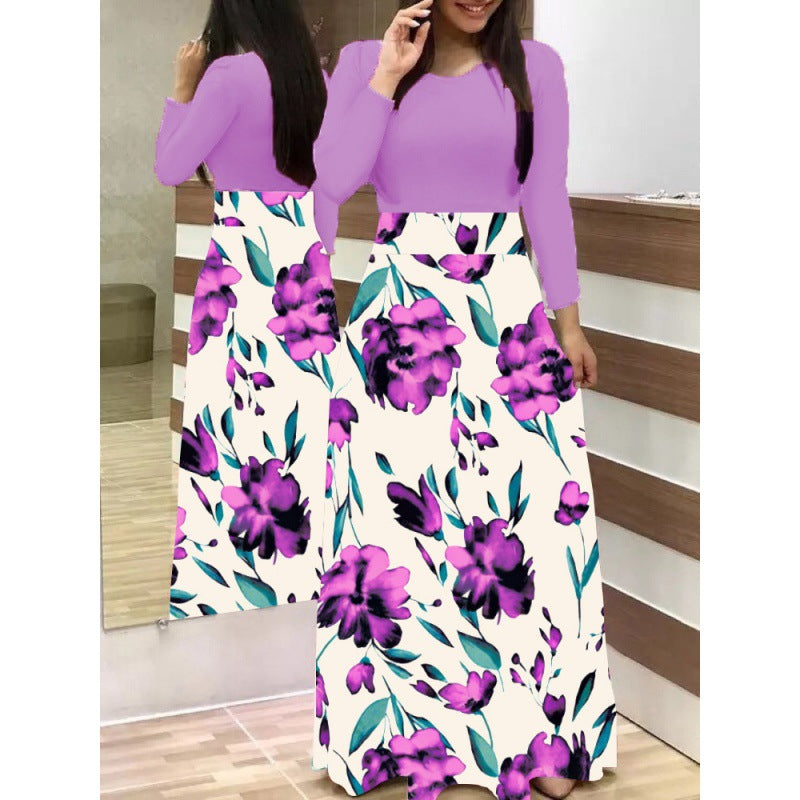 Floral Print Colorblock Long Sleeve Dress