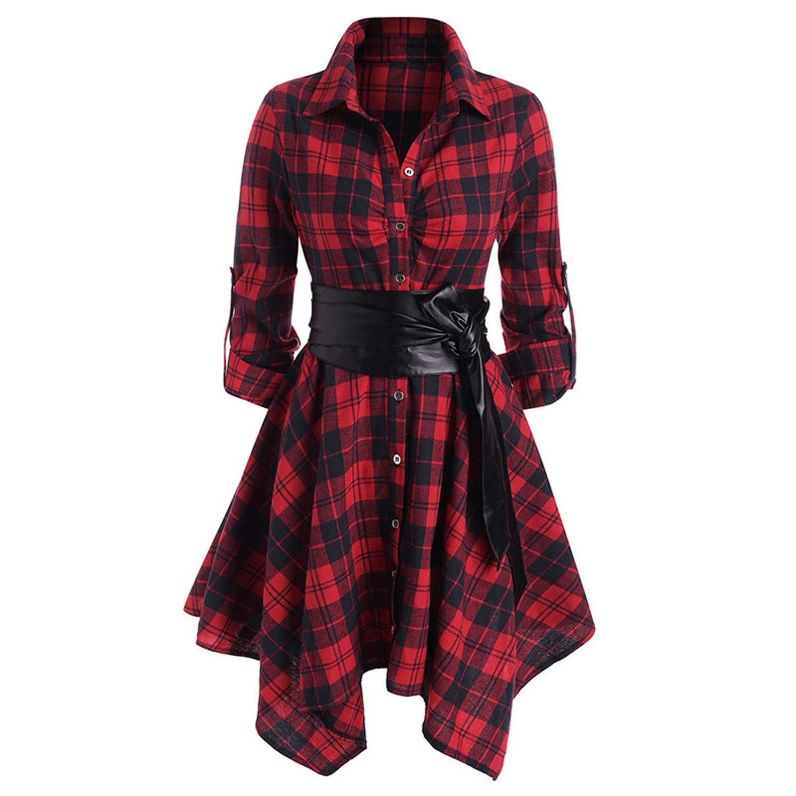 Women's Midi Long Sleeve Dress European And American Women's Plaid Belt Dress