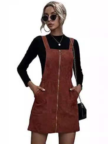 Corduroy Solid Color Dress Autumn And Winter Women's Sleeveless Zipper Pocket Casual Strapped Dress