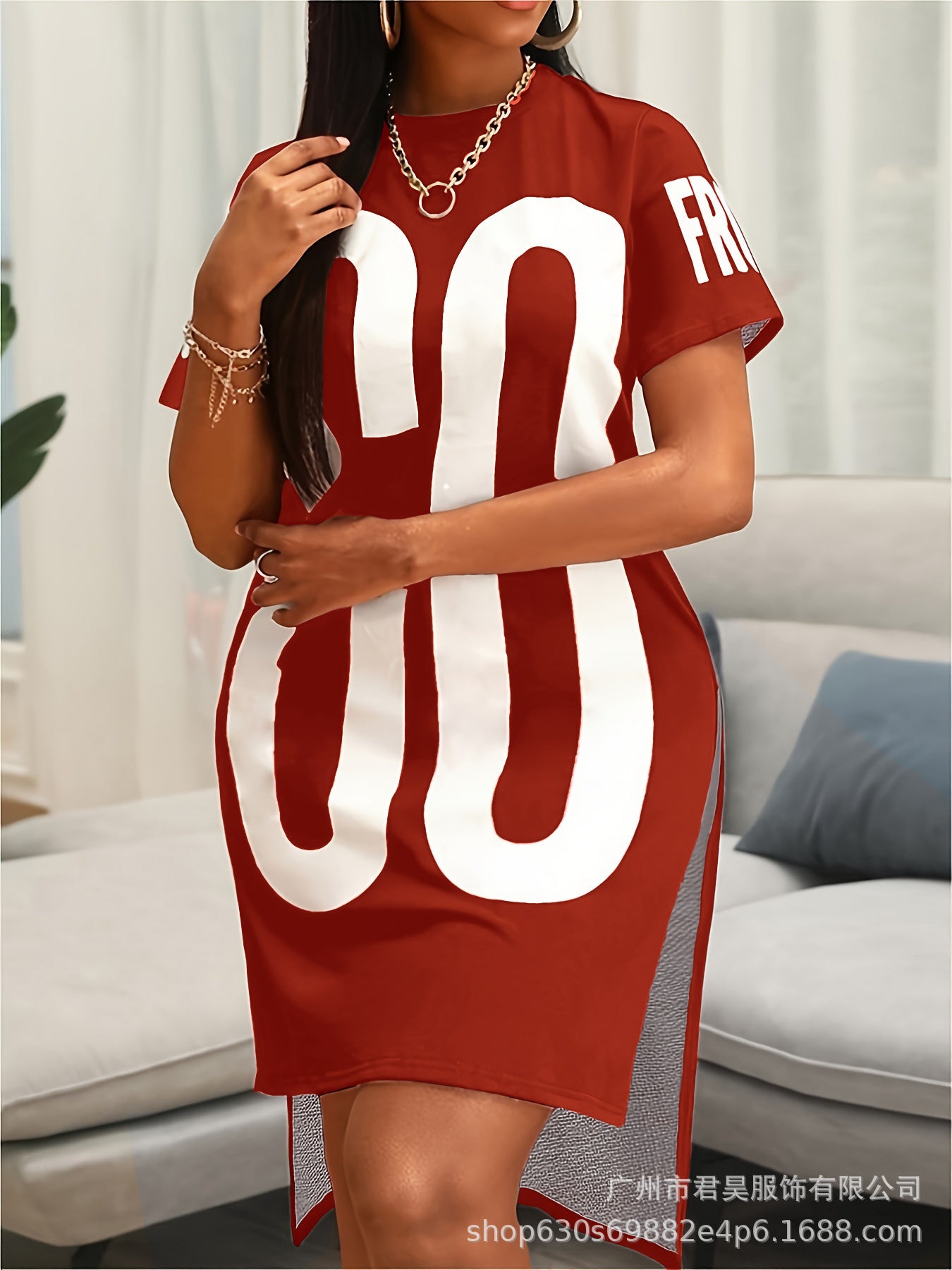 Plus Size Spring And Summer New European And American Letter Printing Round Neck Short Sleeve Slit Women's Large Size Dress