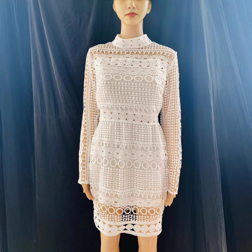 European And American White Mini Stitching Lace Hollow Dress