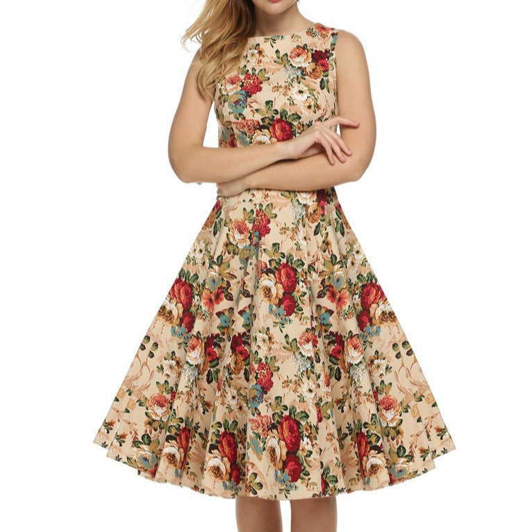 Summer Women's European And American Hepburn Style Fashionable Sleeveless Printed Midi Dress Large Swing Dress