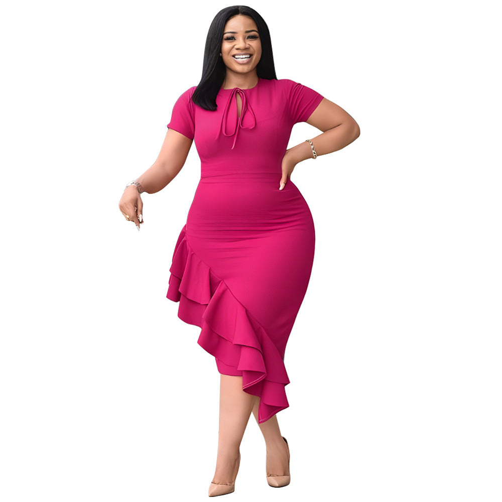 Plus size New Fashion Plus Size Women Sexy Casual Lace-up Ruffle Hem Dress