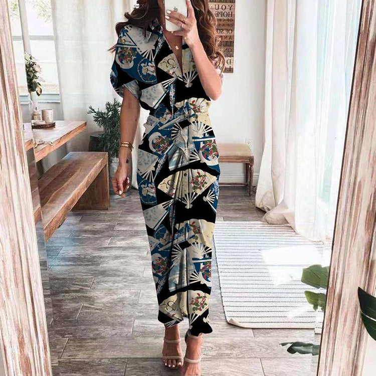 Spring European And American Women's Elegant Sexy Printed V-neck Pleated Irregular Strap Dress