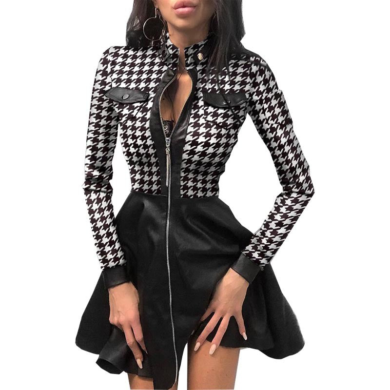 Autumn And Winter Long Sleeve V-neck Zipper Pu Pocket Dress Women's Clothing