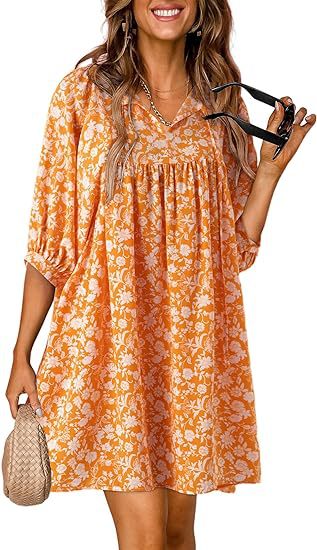 Summer Casual Bohemian Floral V-neck Print Lantern Sleeve Beach Dress