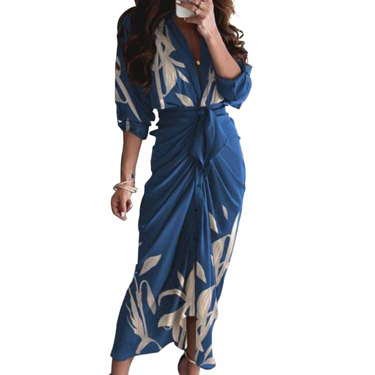 Spring European And American Women's Elegant Sexy Printed V-neck Pleated Irregular Strap Dress