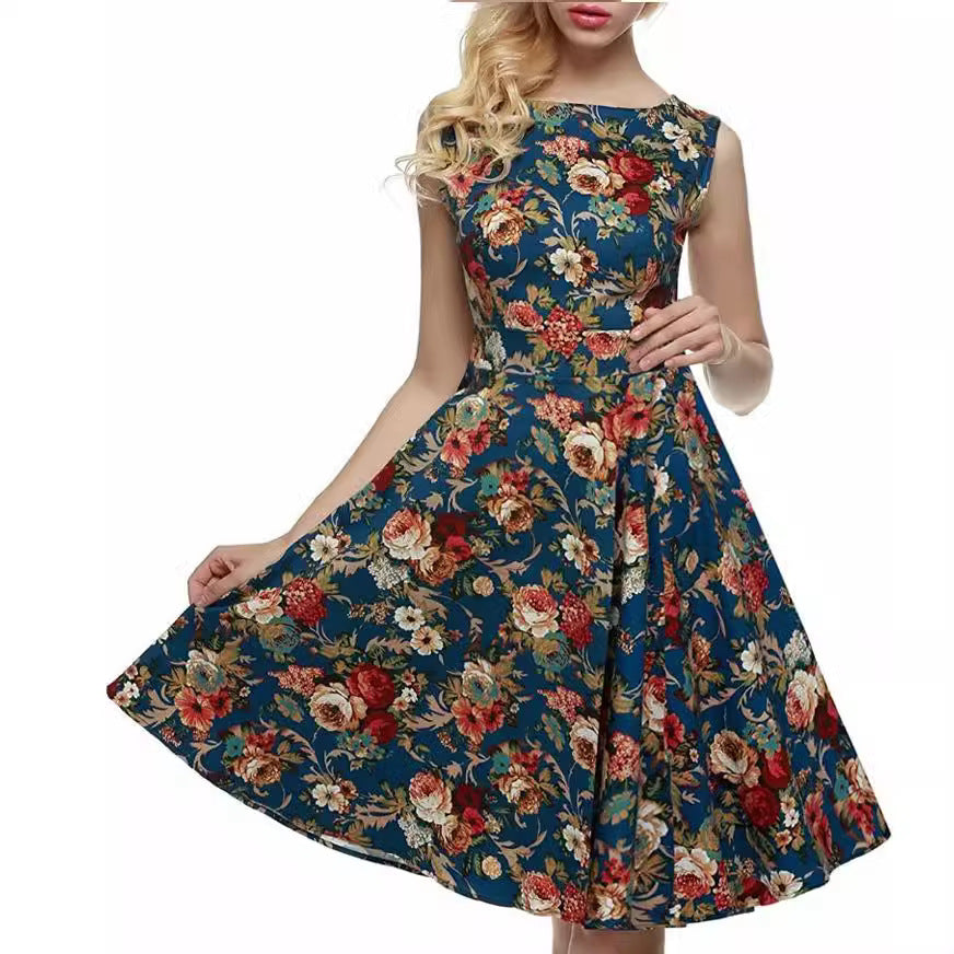 Summer Women's European And American Hepburn Style Fashionable Sleeveless Printed Midi Dress Large Swing Dress