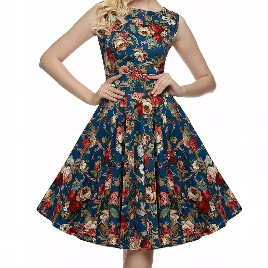 Summer Women's European And American Hepburn Style Fashionable Sleeveless Printed Midi Dress Large Swing Dress