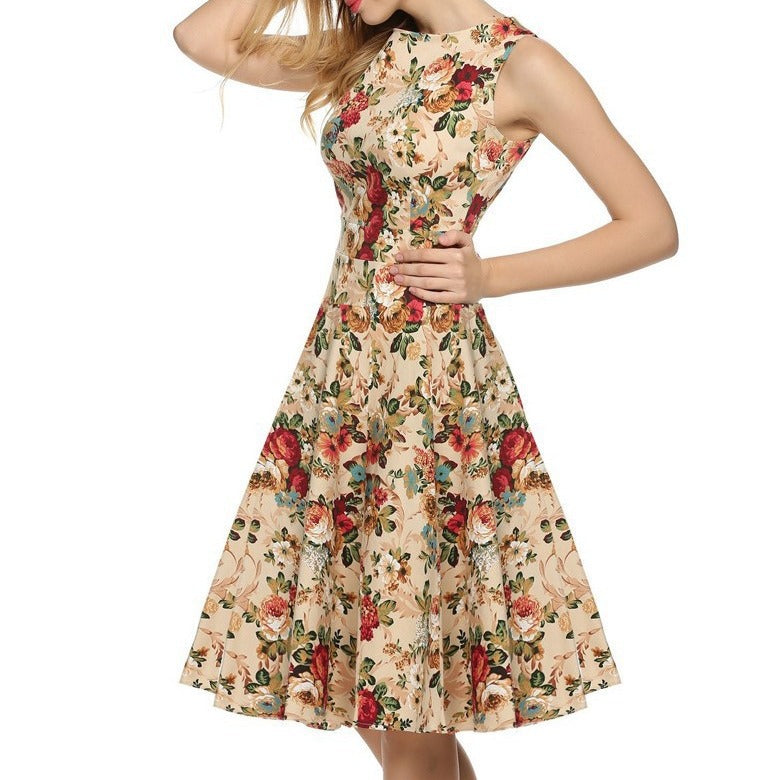 Summer Women's European And American Hepburn Style Fashionable Sleeveless Printed Midi Dress Large Swing Dress