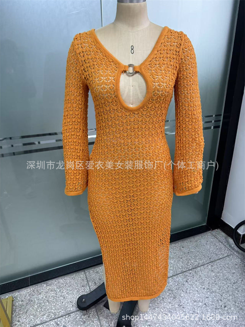 Cutout Split Beach Blouse V-Neck Horn Sleeve Long Buckle Dress