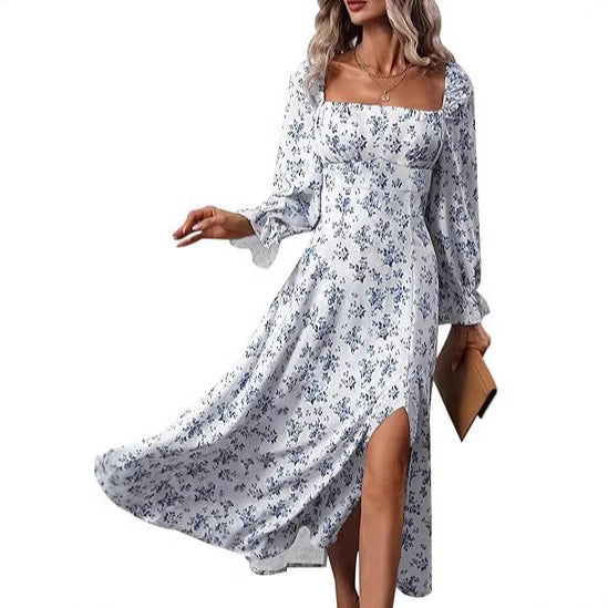 Women's 2025 Early Spring New Printed French Floral Backless Slim Long Sleeve Split Dress