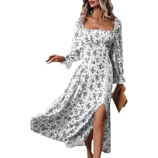 Women's 2025 Early Spring New Printed French Floral Backless Slim Long Sleeve Split Dress