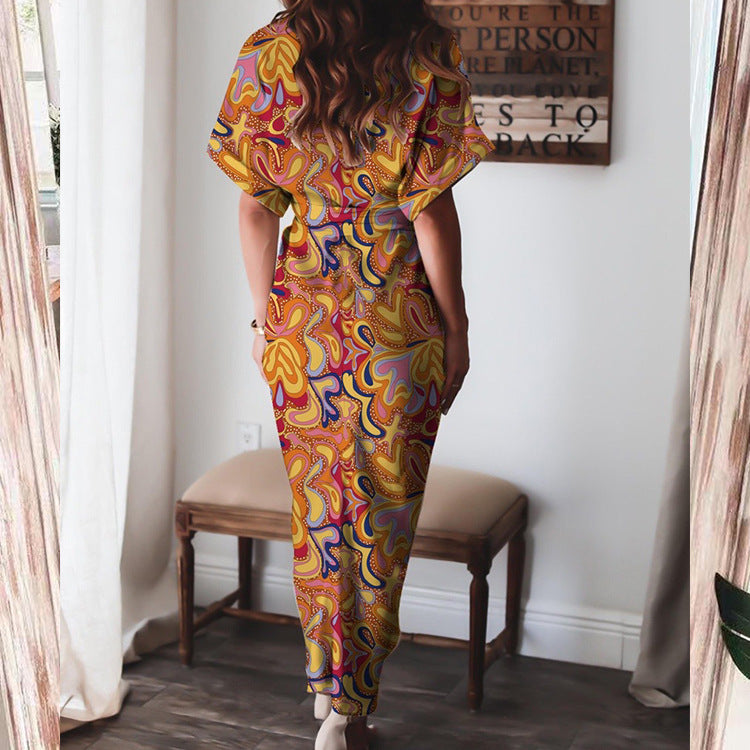 Spring European And American Women's Elegant Sexy Printed V-neck Pleated Irregular Strap Dress