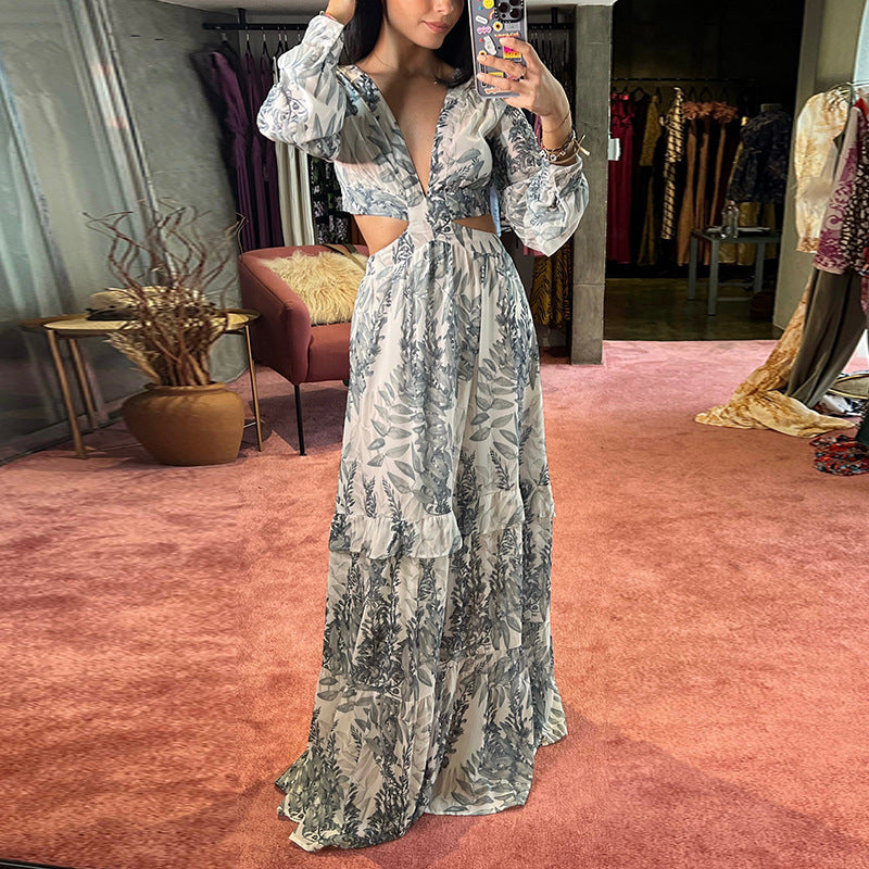 European And American Women's New Foreign Trade Dress Commuter Hollow V-Neck Floral High Waist Large Dress