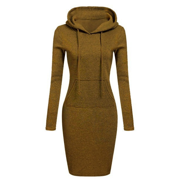 Solid Color Hooded Long Sleeve Dress