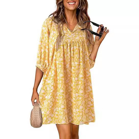 Summer Casual Bohemian Floral V-neck Print Lantern Sleeve Beach Dress