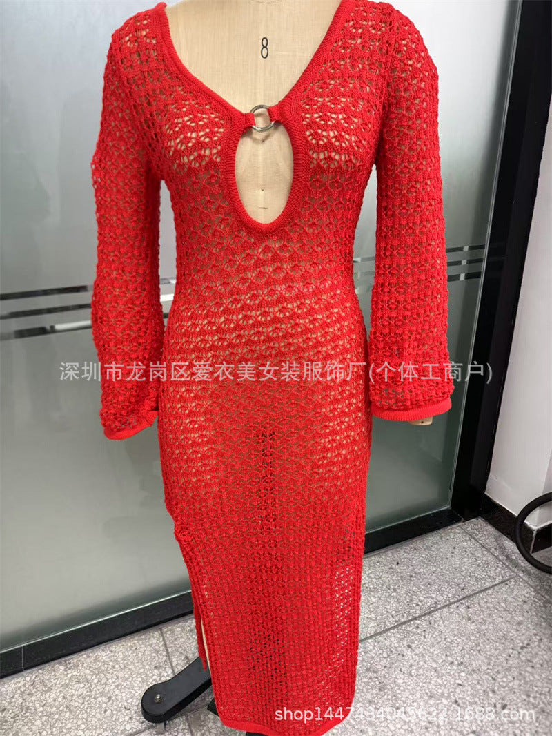 Cutout Split Beach Blouse V-Neck Horn Sleeve Long Buckle Dress