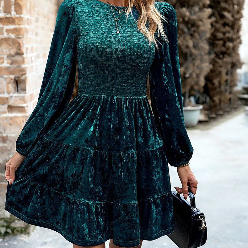 Autumn And Winter European And American Women's Velvet Dress Elegant Crewneck Midi Dress