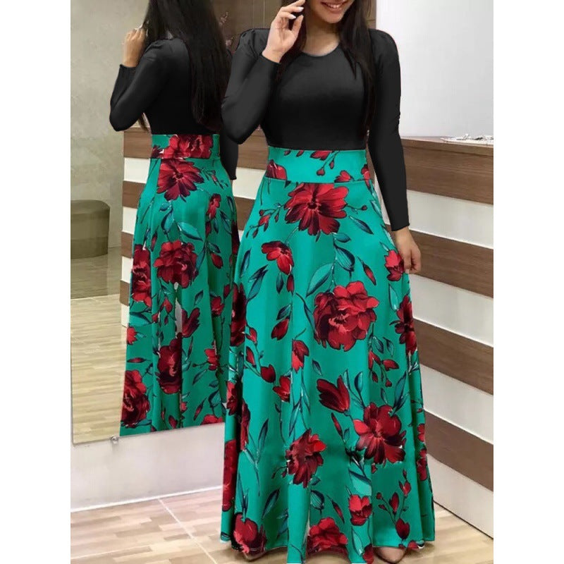 Floral Print Colorblock Long Sleeve Dress