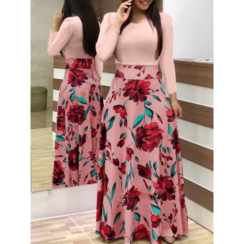 Floral Print Colorblock Long Sleeve Dress