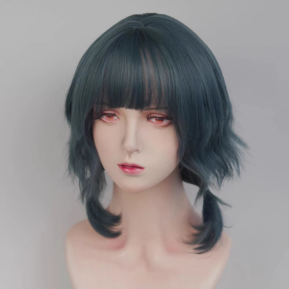 VICWIG Blue Short Wavy Mullet Head Wigs with Bangs Synthetic Lolita Cosplay Women Hair Wig for Daily Party