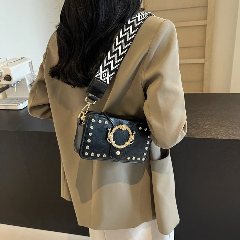 Luxury Rivet Pu Leather Crossbody Bag For Women 2024 New Wide Strap Shoulder Handbag And Purse Black Zipper Messenger Bags