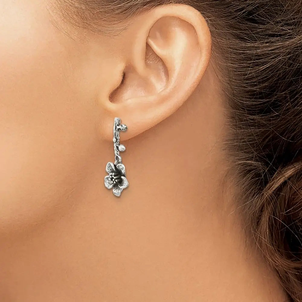 Sterling Silver Oxidized Flower with Branch Dangle Post Earrings Fashion Dangle Jewelry